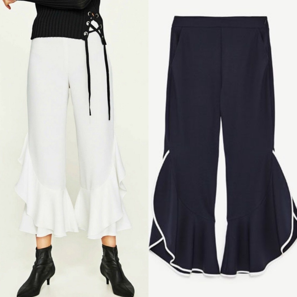 Zara Frill Hem High Waisted Cropped Trousers